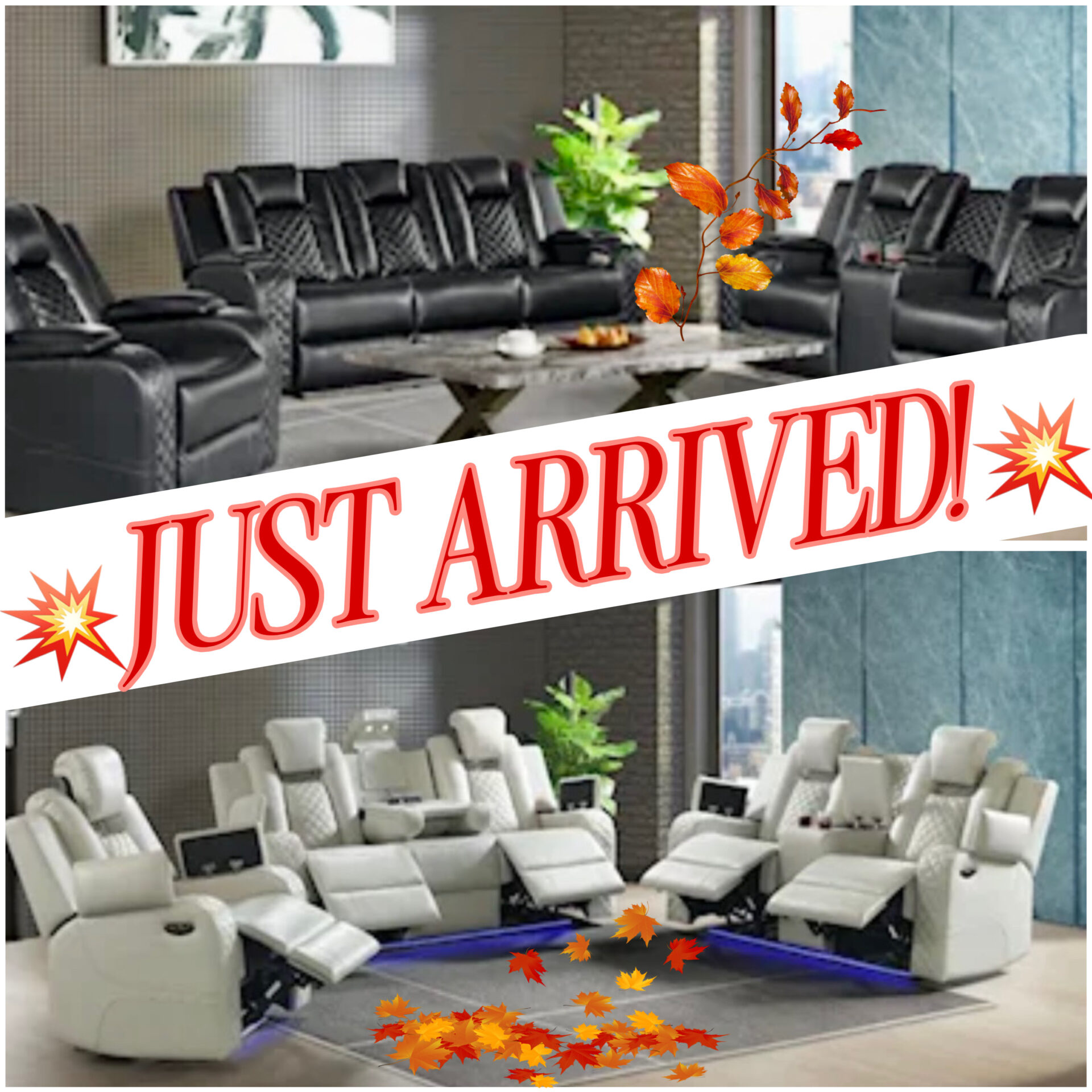 Collage of new power reclining sofa groups at Best Mattress & More in Mobile, Alabama, with black and light oyster theater-style recliners and a large banner that reads "Just Arrived!".