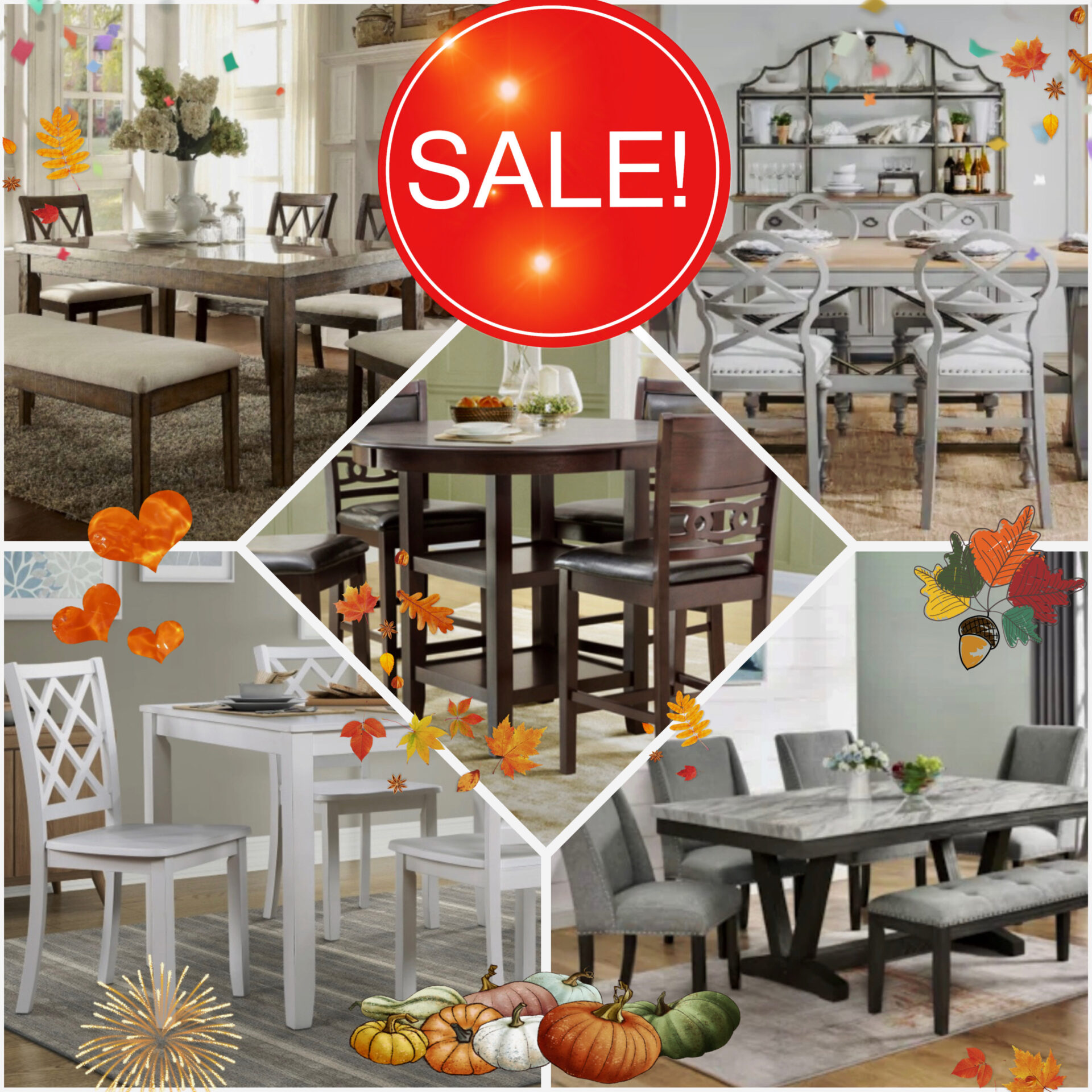 Fall dining room furniture sale at Best Mattress & More in Mobile, Alabama, with collage of dining tables, chairs , benches and a large red Sale sign.