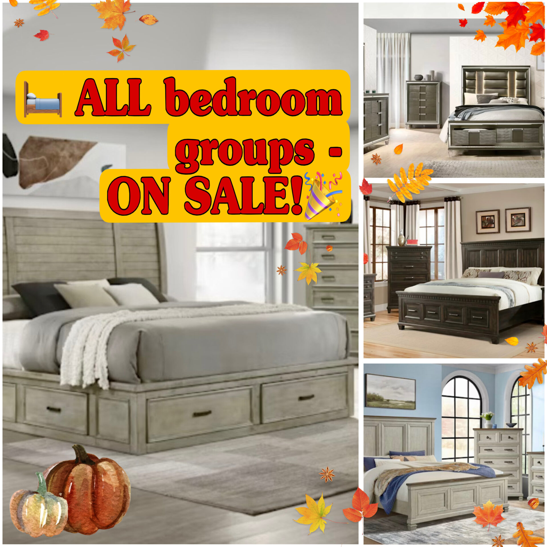Fall sale collage of bedroom groups on sale at Best Mattress & More in Mobile, Alabama, with multiple bed sets and a banner that says ALL bedroom groups - ON SALE!
