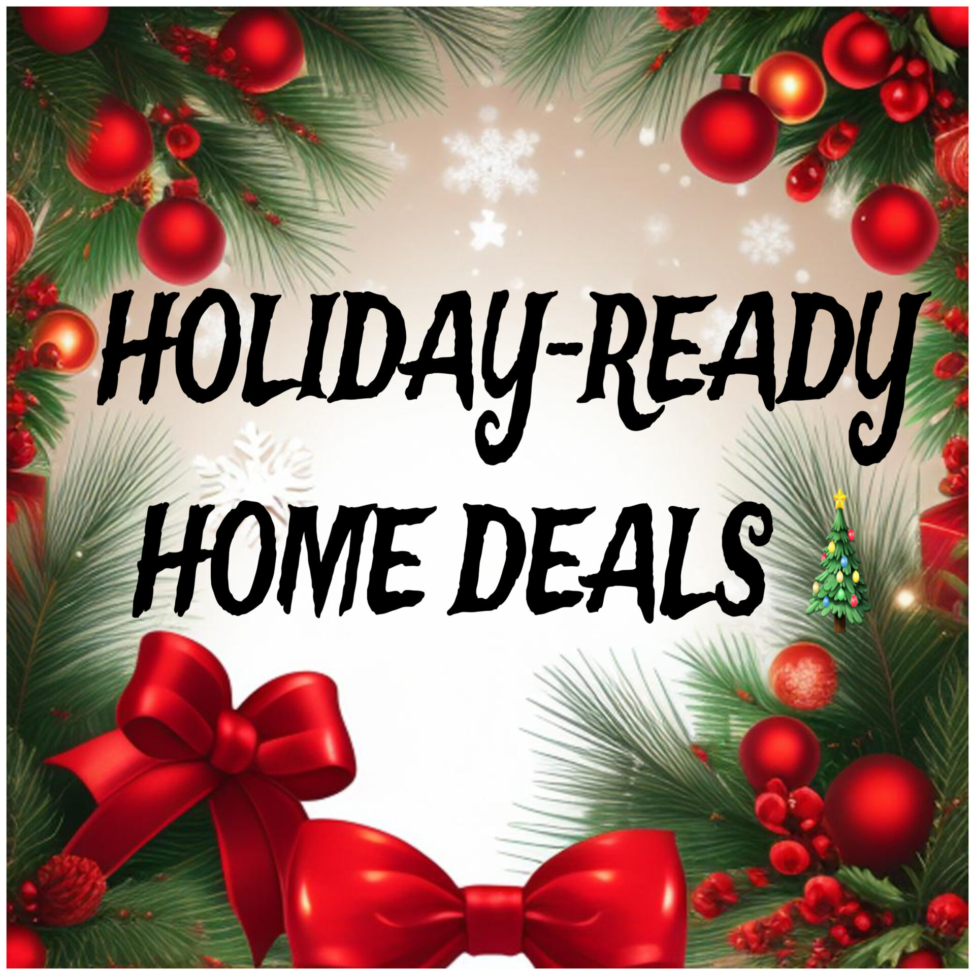 Christmas theme background with text to announce Holiday-ready home deals are available at Best Mattress & More in Mobile, Alabama 