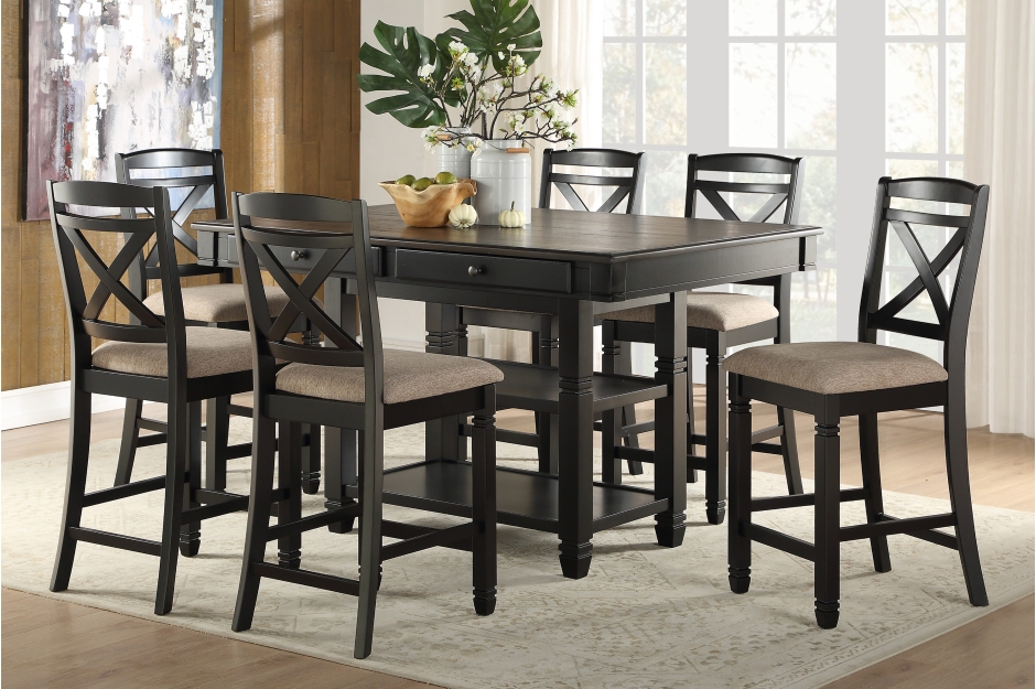 5705BK_dining-baywater-two-tone-black-brown-counter-dining-table-display-shelves-drawers-six-chairs-fabric-seats-mobile-al