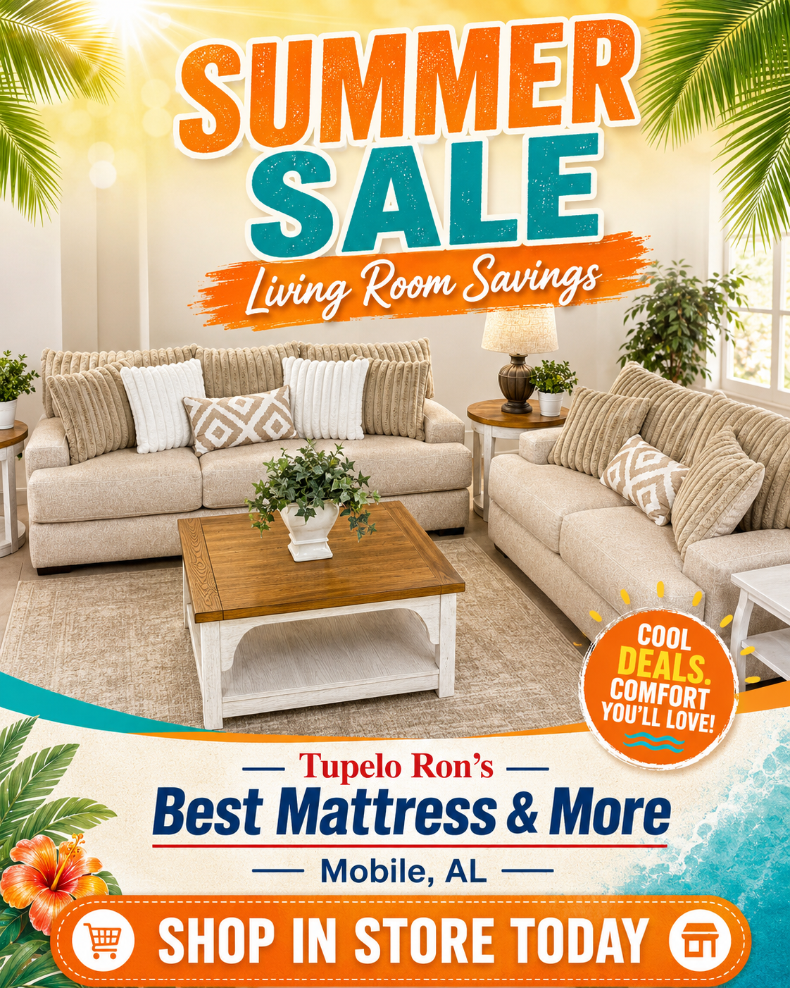 Summer Sale living room furniture savings at Tupelo Ron's Best Mattress & More in Mobile AL