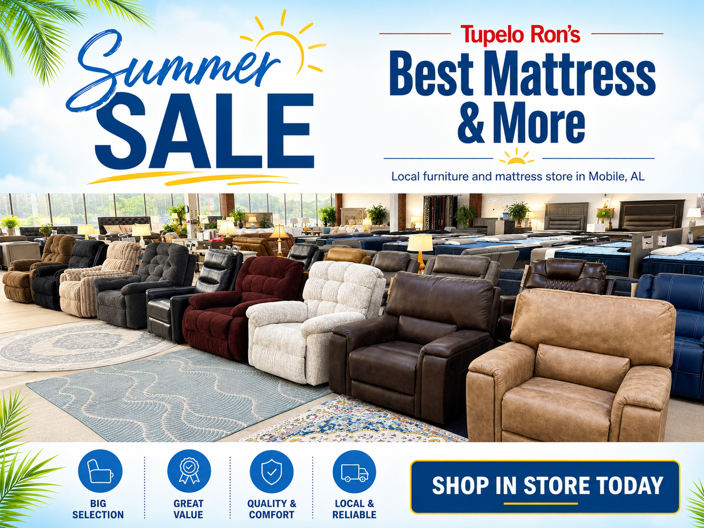 Summer Sale furniture and mattress closeouts featuring recliners at Tupelo Ron's Bests Mattress and More in Mobile AL