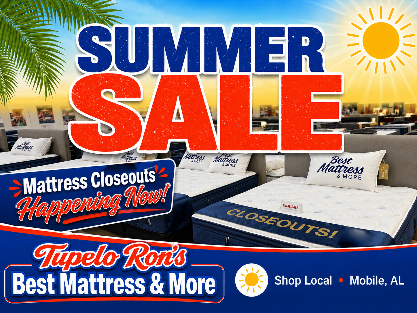 Summer mattress sale and closeouts at Tupelo Ron's Best Mattress & More in Mobile, AL