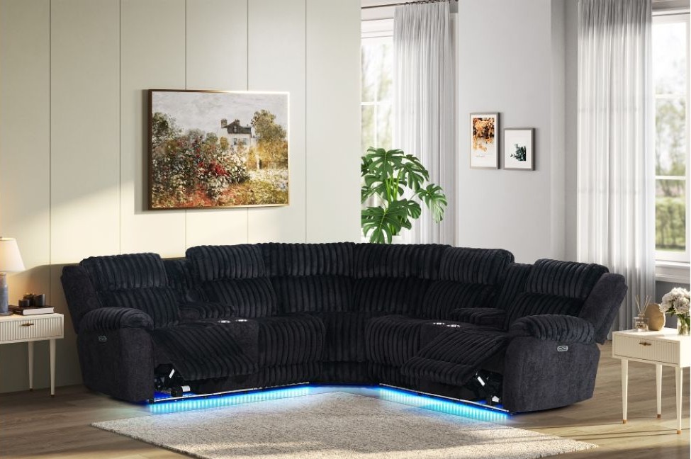 ramone_black_plush_corduroy_fabric_power_reclining_3pc_sectional_led_consoles_speakers_subwoofer_tupelo_rons_best_mattress_furniture_mobile_al Black Power Reclining Sectional with LED lighting and subwoofers-speakers available at Tupelo Ron's Best Mattress & More - Furniture in Mobile, AL